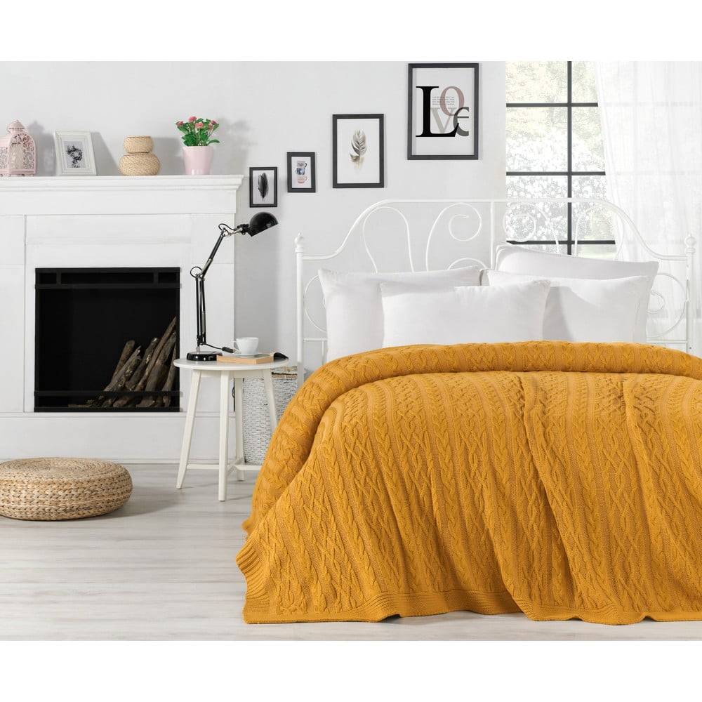 Homemania Horčicovožltá prikrývka cez posteľ Knit, 220 x 240 cm